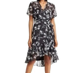 Calvin Klein Women's Floral Print Ruffled Fit & Flare Dress Black/Cream SZ10 NWT
